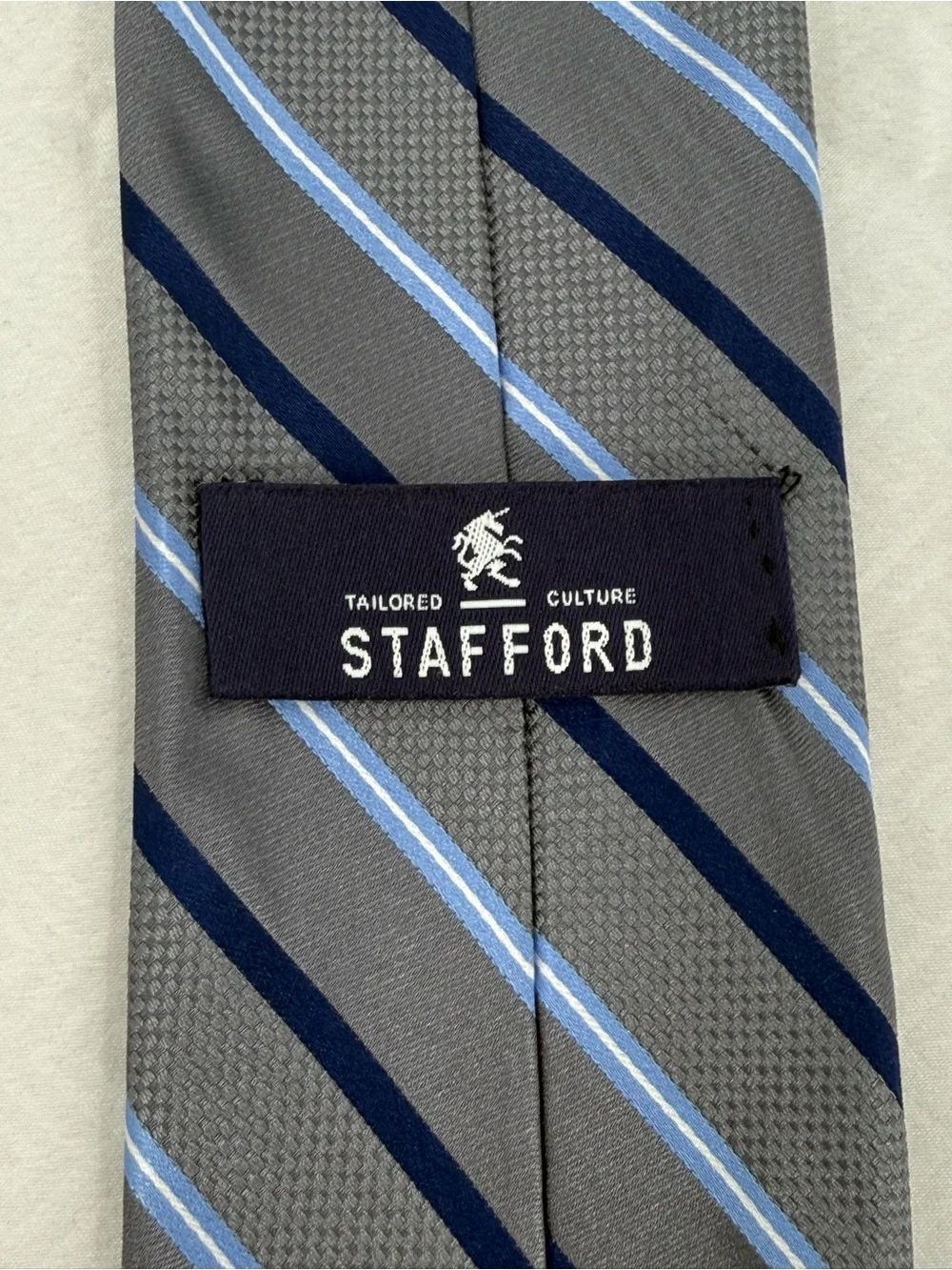 Stafford Gray Tie with Navy and Light Blue Stripes